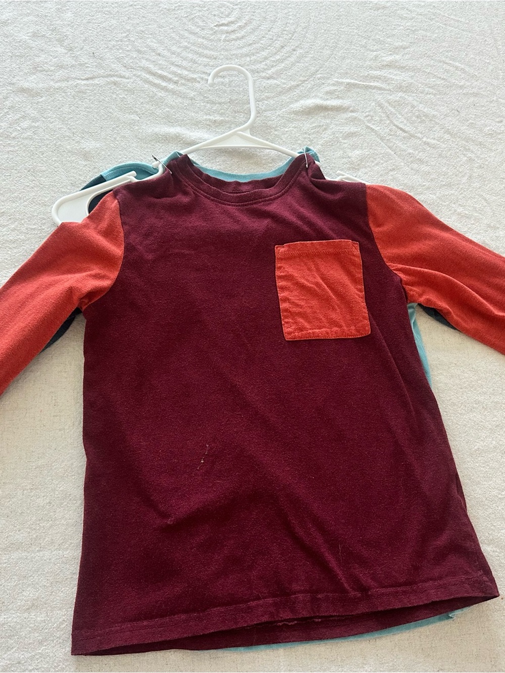 Kids Long Sleeve Pocket Tee in Burgundy and Orange